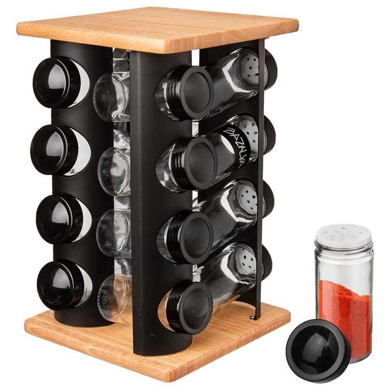 Gewürzständer Gewürzkarussell Gewürzregal drehbar mit 16 Glasbehälter robust aus Holz Metall 17,5x17,5x29 cm